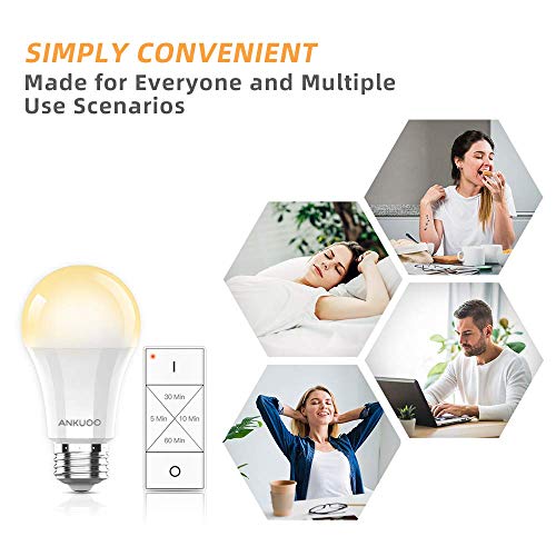 Remote Control LED Bulb by Ankuoo,Dimmable E26 LED Light Bulb with Wireless Light Switch,Wireless Bulbs Warm White,165 ft Range, 4 Timing,3 Way,No Hub Required