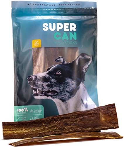SUPER CAN BULLYSTICKS 12-inch Beef Joint Jerky Strips Dog Treats [ 10 Pack ] 100% all Natural Dog Chews. Delicious Free Range Grass Fed Premium Taffy Esophagus Chews