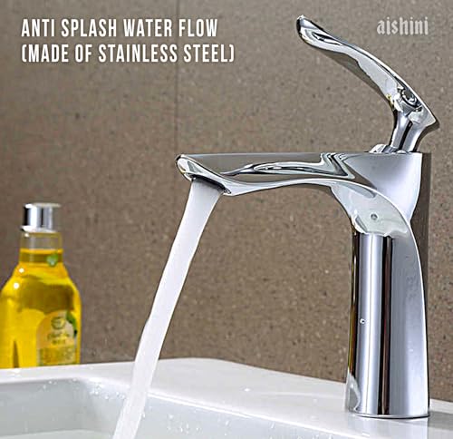Aishini Bathroom Sink Faucet, Heavy Duty Energy-Efficient Tap, Single-Lever Cold & Hot Water Bathroom mixer, Stylish Contemporary Bathroom Faucet, Basin or Deck Mount Bathroom Fixtures | Chrome
