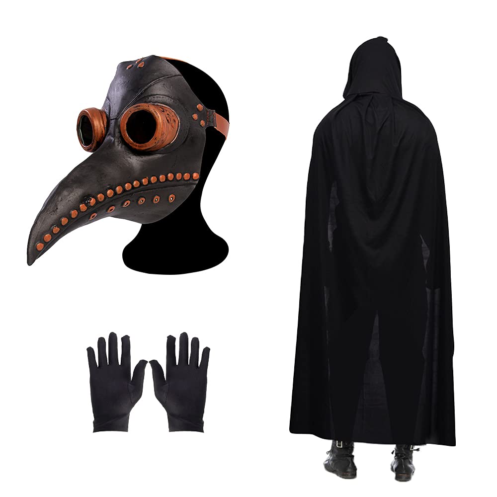 Plague Doctor Mask - Steampunk Cosplay Mask with Bird Beak, Adjustable, Black Hooded Cloak & Gloves for Halloween Party, Punk Carnival, Masquerade