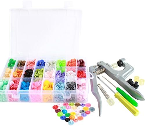 360pcs 24-Color T5 Plastic Snap Button with Snaps Press Plier | No-Sew Buttons Fastener Setter Hand Tool Kit | Snap Buttons in 24-section Organizer Storage Container and Tools in Reusable Zip Bag