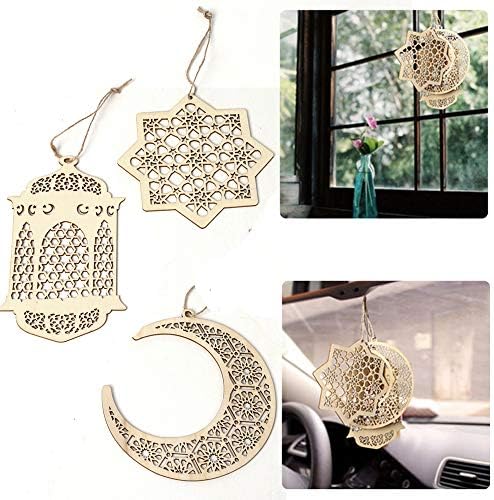szxbogs Eid Ramadan Home Decorations Mubarak Hollow Wooden Ornament Hanging Pendant Moon Lantern Baubles Festive Wood DIY Craft