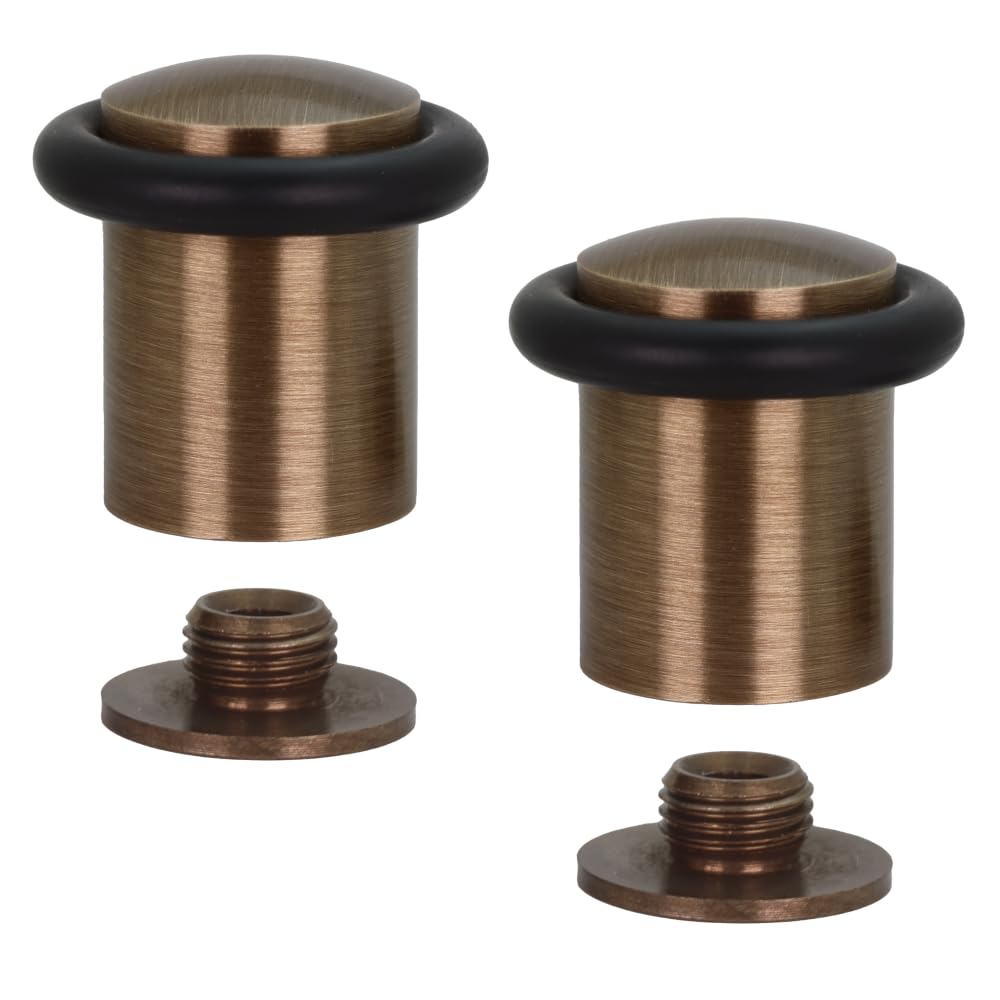 EVI Herrajes | Pack of 2 Antique Brass Door Stops | Ø24x35mm | Floor Mounted | Silicone Protection | Includes Screw + Fastening Plug | Model I-10824X35-CU — image 1