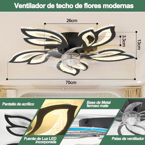 Dopwii Ventilador de techo con luz LED y mando a distancia, 3 colores regulables y 6 velocidades de viento, apto para salón, dormitorio, cocina, sala de estudio