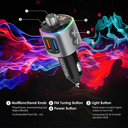 Bluetooth FM Transmitter for Car, Dynamic RGB Wireless Bluetooth Adapter Car Kit with V5.0, QC3.0 and Dual USB Charging Ports, Support Siri Google Assistant, Micro SD Card, Hands-Free Calling