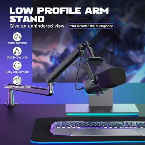 FIFINE Microphone Boom Arm, Low Profile Adjustable Stick Microphone Arm Stand with Desk Mount Clamp, Screw Adapter, Cable Management, for Podcast Streaming Gaming Studio-BM88
