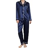 Exemaba Women's Pajamas Set Satin Long Sleeve Button Down 2 Piece Silk Loungewear Sleepwear Pjs Set