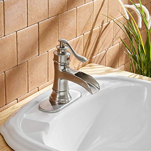 BWE Bathroom Faucet Brushed Nickel Waterfall Single Hole Matching Pop Up Drain Stopper Handle
