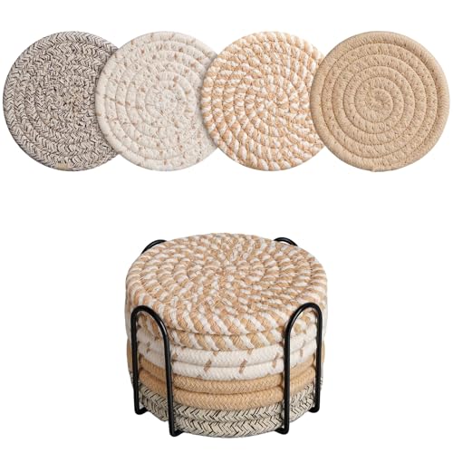 Coasters Set of 8 for Drinks with Holder,4 Colors Absorbent Coasters,Boho Cotton