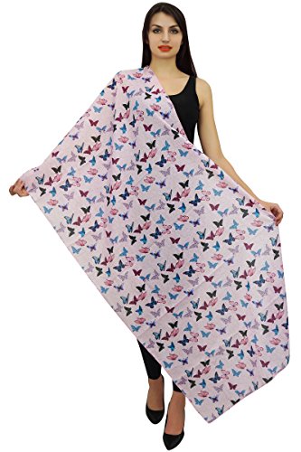Phagun Baby Pink Butterfly Print Women Long Shawl Stole Cotton Voile Scarf