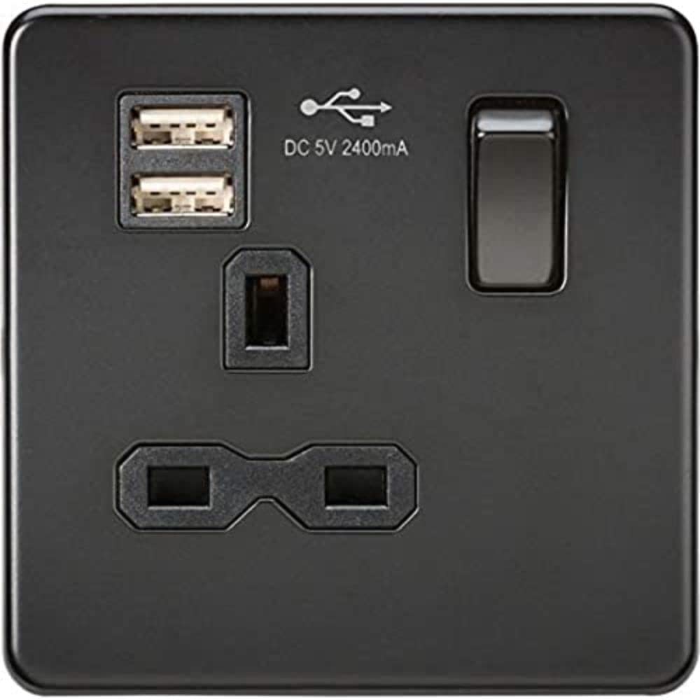 Screwless Single Switched Socket with Dual USB Charger in Matt Black — image 1