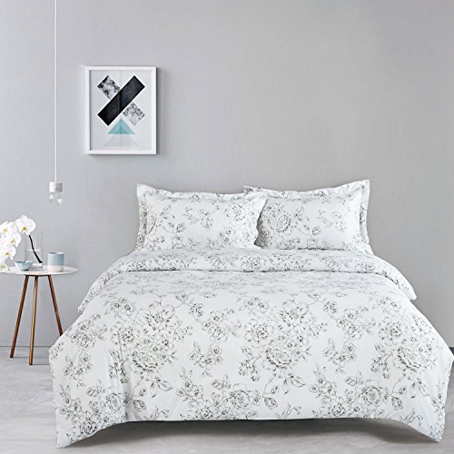 White Floral Duvet Cover Set, Vintage Flowers Pattern Printed, Soft Microfiber Bedding with Zipper Closure (3pcs, King Size)