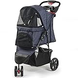Fur Family Foldable Pet Stroller Cat Dog Cage 3 Wheels, w/ Cup Holder, Dark Blue