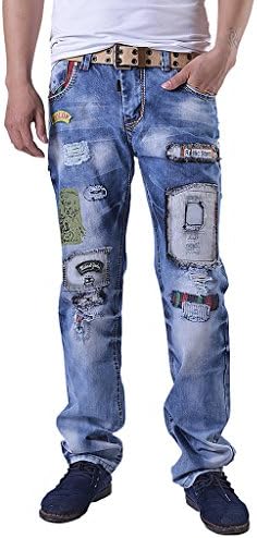 Egelbel Mens Jeans Torn Jeans Patched Holey Washed Words Straight Leg