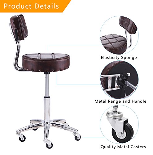Rfiver 13.2inch Seat Cushion Ergonomic PU Leather Adjustable Rolling Office Work Stool Chair Swivel Home Desk Chairs with Backrest and Chrome Metal Base in Brown SC1003-2 - Thumbnail 2