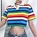 Women Rainbow Stripes Printed T-Shirt Korean Style Turn-Down Collar Crop Tops (L)