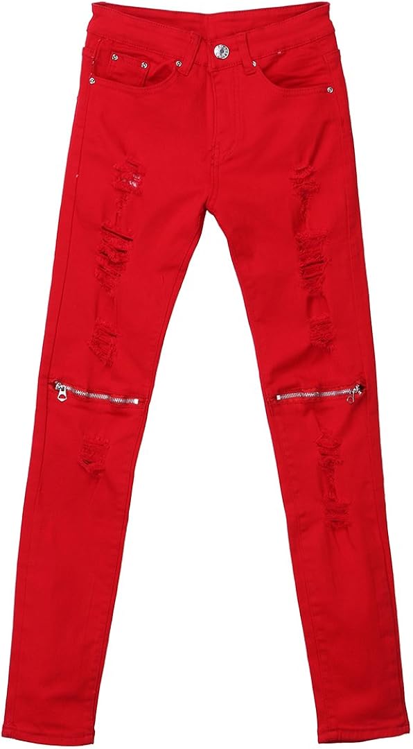 red ripped jeans