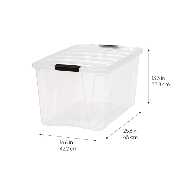 IRIS USA 72 QT PLASTIC STORAGE BOX WITH LID AND LATCHES – 4 PACK – BPA-FREE, SEE-THROUGH ORGANIZING SOLUTION, DURABLE NESTABLE STACKABLE CONTAINERS, SECURE PULL HANDLE – CLEAR