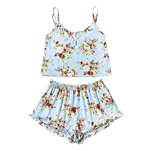 WEUIE Clearance Sale Women Sleeveless Print Crop Cami Tops Blouse+Ruffles Cord Shorts Outfit Set Suit (XL,Blue )