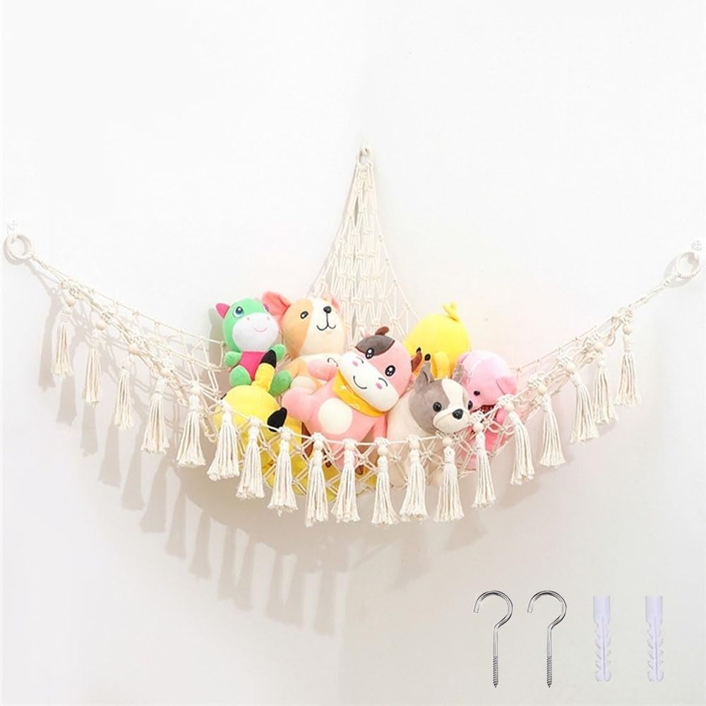 Oaygat Toy Storage Hammock Plush Toy Mesh Holder Teddy Organizer Net Teddy Storage Hammock Corner Hanging Toy Storage Holder Toy Storage Hammock Net Large Hanging Net with 3 Strong Metal Hooks