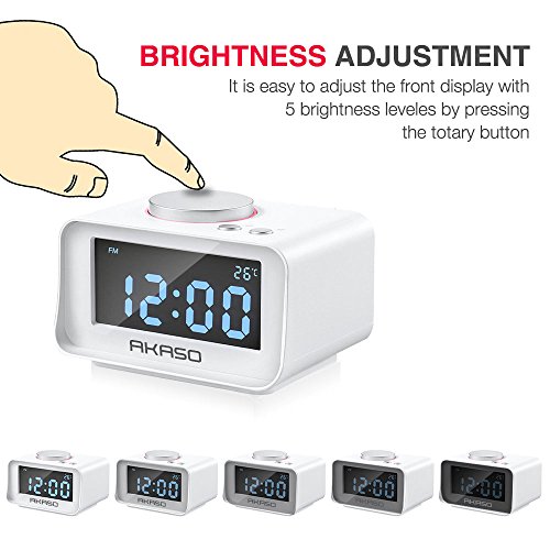 AKASO Alarm Clock, Radio Alarm Clock - USB Charging Alarm Clocks, Digital Alarm Clock for Bedroom with Snooze Function, 5 Dimmer Brightness, Thermometer Phone Charger with Dual Port USB, White - Thumbnail 2