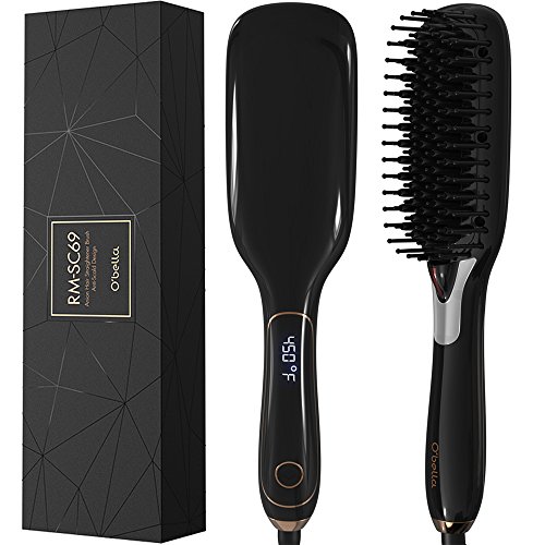Hair Straightener Brush, O bella Ceramic Heating Straightening Irons Brush, Anion Hair Care Anti Scald with LCD Display Dual Voltage Silky Straight Perfect for Women & Travel (Black)