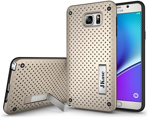 JKase [MESH] Protective Tough 2 Layers Armor Rugged Case Cover with Build-In Stand for Samsung Galaxy Note 5 (Gold)