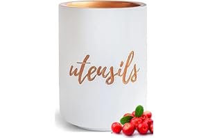STYLED SETTINGS White Ceramic Utensil Holder with Interior Copper Finish - Stylish, Sturdy and Large Spatula Holder for Rose Gold Kitchen Accessories & Copper Kitchen Accessories - Utensil Holder for Kitchen Counter