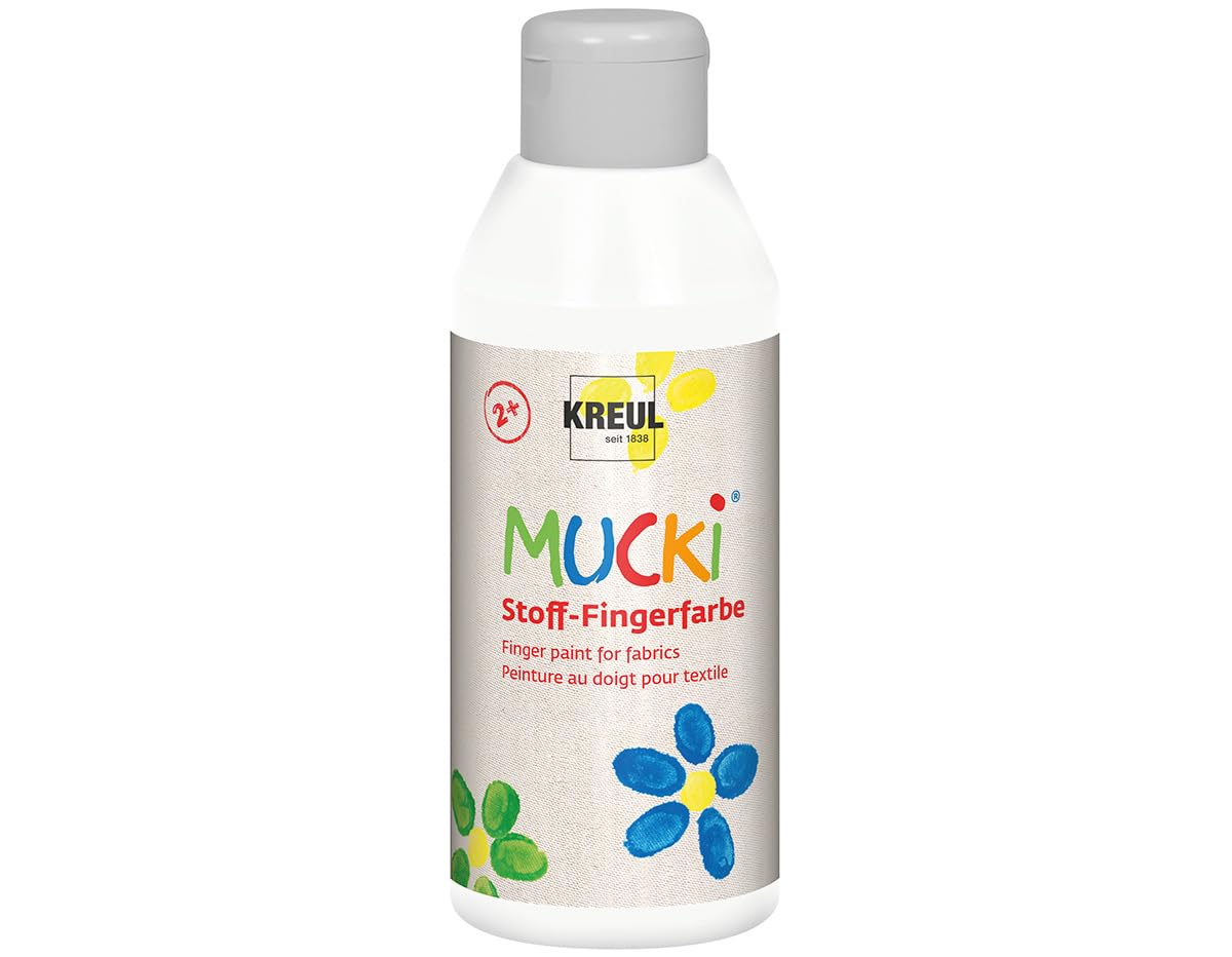 Kreul 28401 Mucki Luminous Fabric Finger Paint Water-Based Paraben-Free Gluten-Free and Vegan Ideal for Use with Fingers and Hands, 250 ml Bottle, White