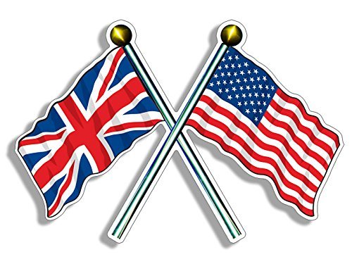 Crossed Poles USA & UK Union Jack Waving Flags Sticker (American us British Vinyl Decal for car Truck or Laptop (3 x 5 inch)