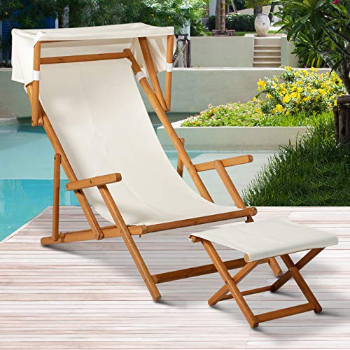 Outsunny Sonnenliege Gartenliege Relaxliege verstellbar Liegestuhl Relaxsessel Gartenmöbel mit Sonnendach Hocker Akazie… – Bild 3