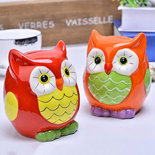 ToiM Owl Shape Cute Cartoon Money Box Resin Piggy Bank Jar Money Coin Bank Room Ornaments House Accessory (Red)