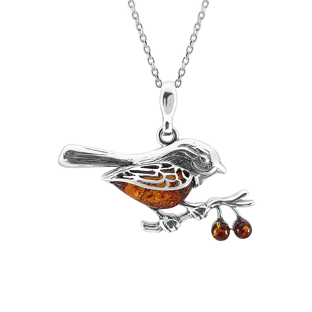 Kiara Jewellery 925 Sterling Silver Red Robin/Bird Pendant Necklace On a Branch Inset With Brown Baltic Amber on 18" Sterling Silver Chain.