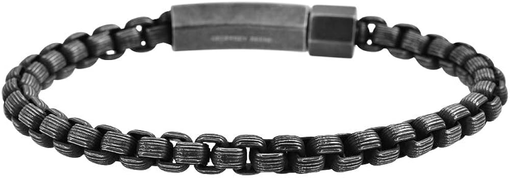 Geoffrey Beene Men's Stainless Steel Pattern Box Chain Bracelet (Antique Black): Clothing