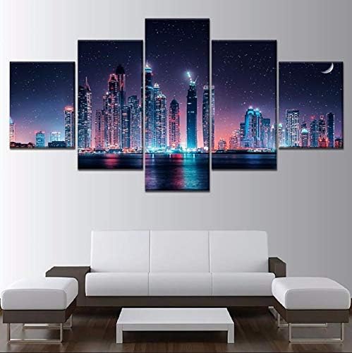 Wadyx Dubai Skyline at Night Painting 5 Piece Style Canvas Print Type Picture Modern Home Decorative Wall Artwork Poster No Frame 40X60 40X80 40X100Cm