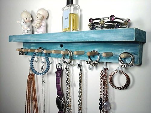 Jewelry Organizer Wall Mount Jewelry Holder with Shelf. Necklace, Earring, Bracelet, Bangle, Ring Holder. Weathered Teal Wood. Hardwood Pegs and Vinyl Coated Hooks.