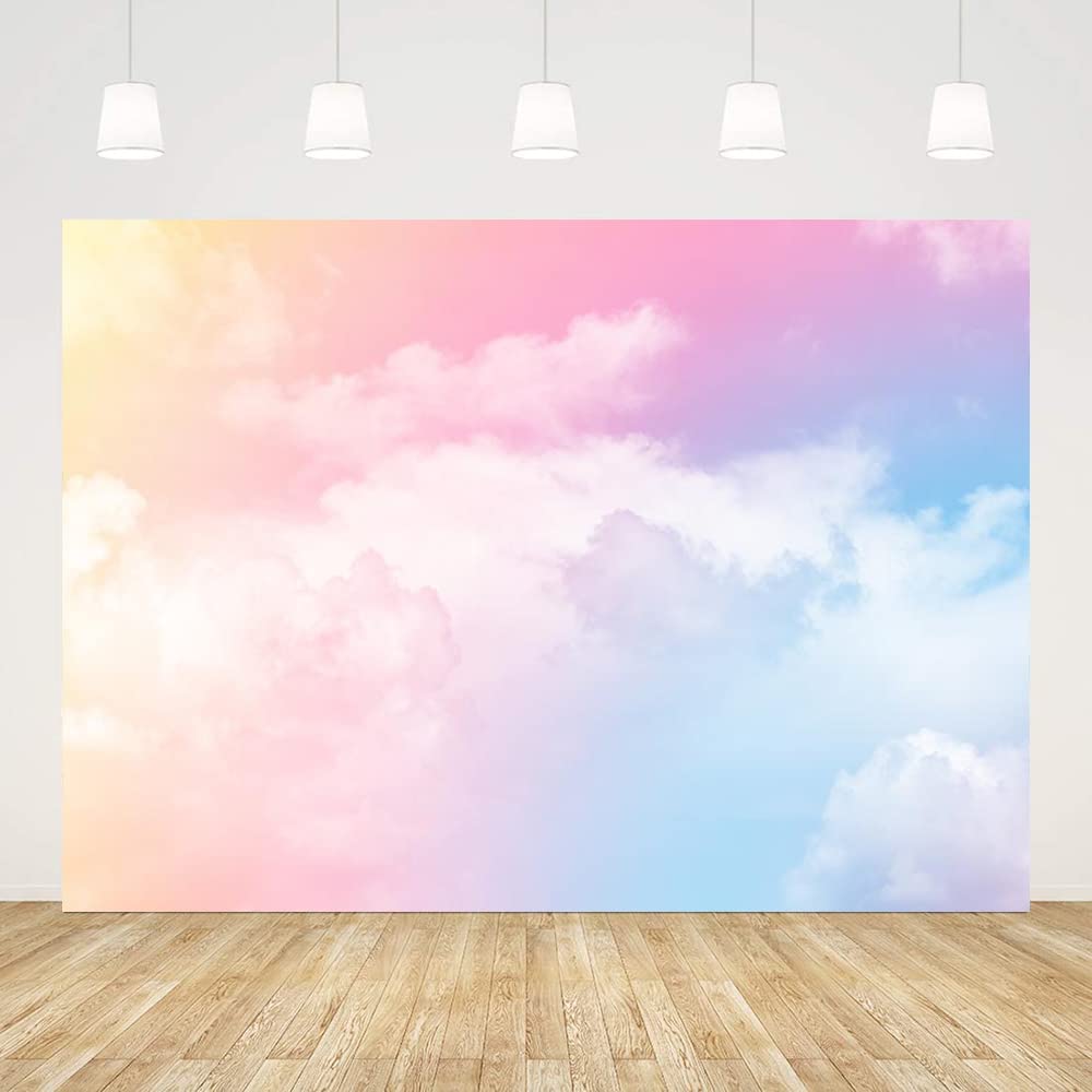 Photo 1 of ABLIN 8x6ft Pink Clouds Photography Backdrop for Party Rainbow Cloud Abstract Sky Photography Background for Wedding Baby Shower Party Supplies Vinyl Birthday Banner Props