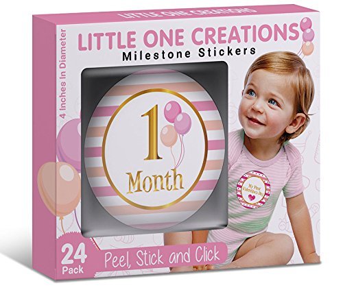 Baby Girl Monthly Milestone Stickers - (Set of 24) - Premium Box Included with Baby Stickers for Baby Shower or Scrapbook Keepsake