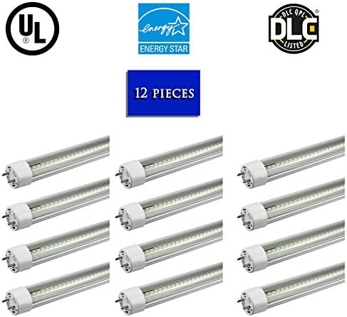 LED tube light 4FT T8/T12 20W, 20W (45W equivalent) Works with and without T8 ballast - UL/DLC - Clear cover (12 Pack, 6500K - Cool Artic White)