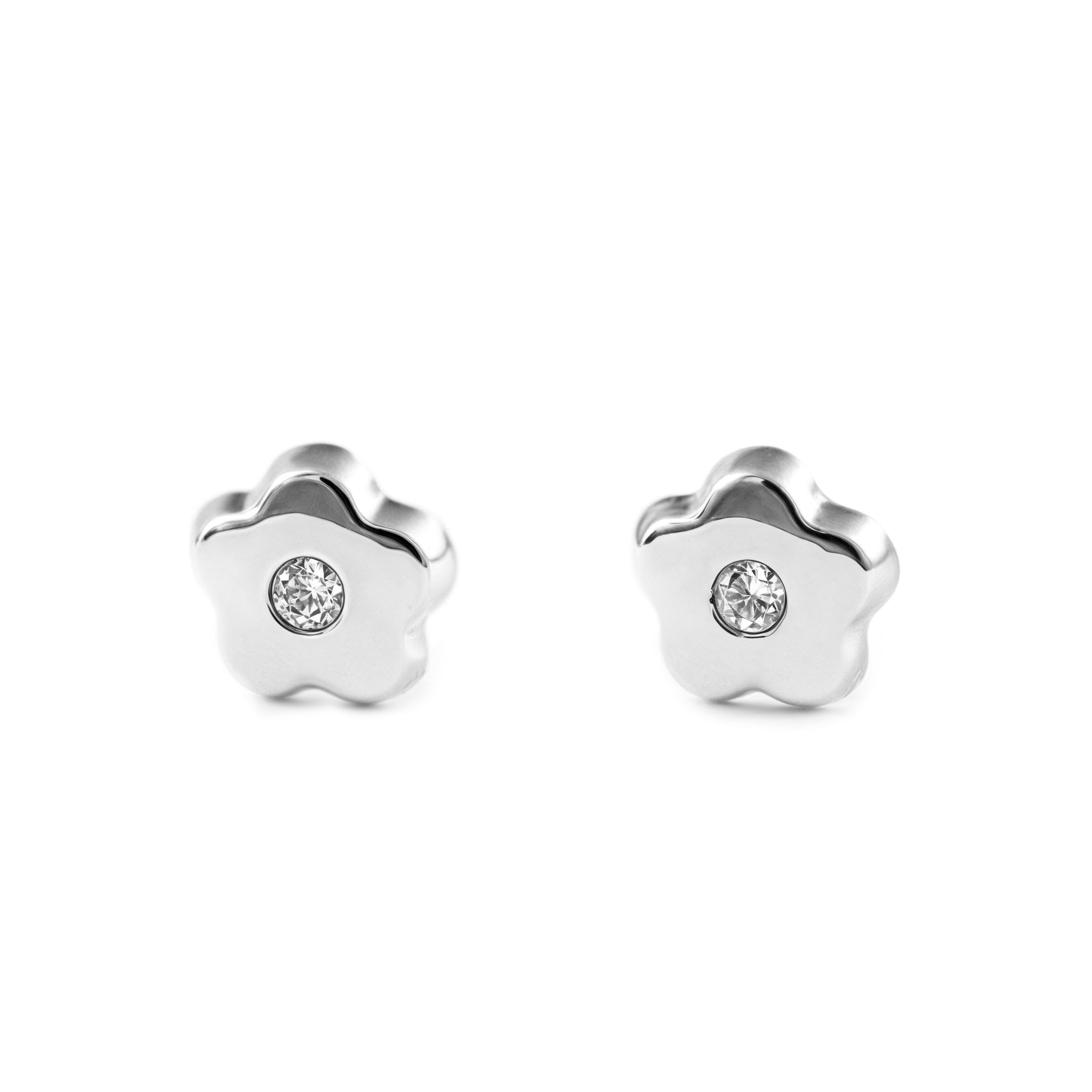 Mondepetit - 9ct White Gold Daisy Flower Cubic Zirconia Children's Baby Girls Earrings shine