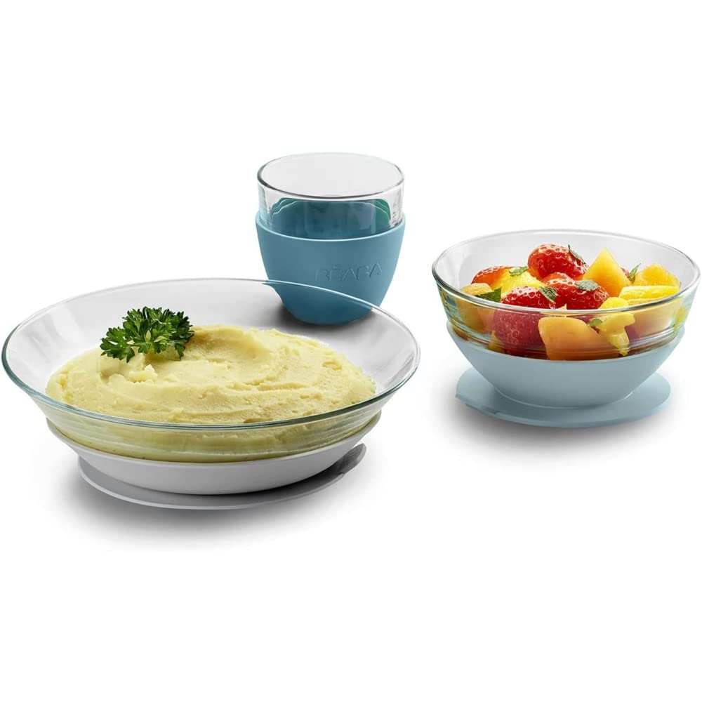 Béaba & Duralex - Feeding Meal Set - Set of 3 Pieces : Plate + Bowl + Cup - with Silicone Suction Pad - Ergonomic, Adaptable, Safe - Baby and Children - Made in France - Green