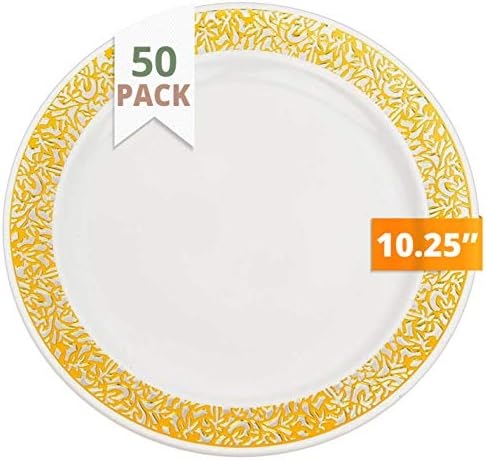 Party Joy ‘I Can’t Believe It’s Plastic’ 50-Piece Plastic Dinner Plate Set | Lace Collection | Heavy Duty Premium Plastic Plates for Wedding, Parties, Camping & More (White w/ Gold Lace)
