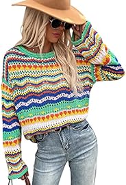 Crochet Sweaters for Women Hollow Out Pullover Sweaters Crop Top Striped Long Sleeve See Through Knit Casual J