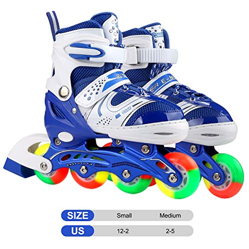 JIFAR Youth Children's Inline Skates for Kids, Adjustable Roller Blades with Light Up Wheels for Girls Boys, Indoor&Outdoor Ice Skating Equipment Medium Size(2-5 US), Blue