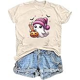 Fall Shirts for Women Cute Ghost with Coffee Pumpkin Graphic Casual Halloween Tee Autumn Thanksgiving Tops