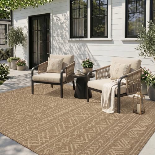 Outdoor Rug-Patio Rug Boho 5x7 ft Polypropylene Indoor Outdoor Rug for Porch Balcony Patio Outdoor Area Rug Easy Clean Non Slip Durable Outdoor Carpet Brown