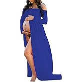 Mommy Jennie Maternity Dress Off Shoulder Long Sleeve Split Front Chiffon Gown for Photoshoot