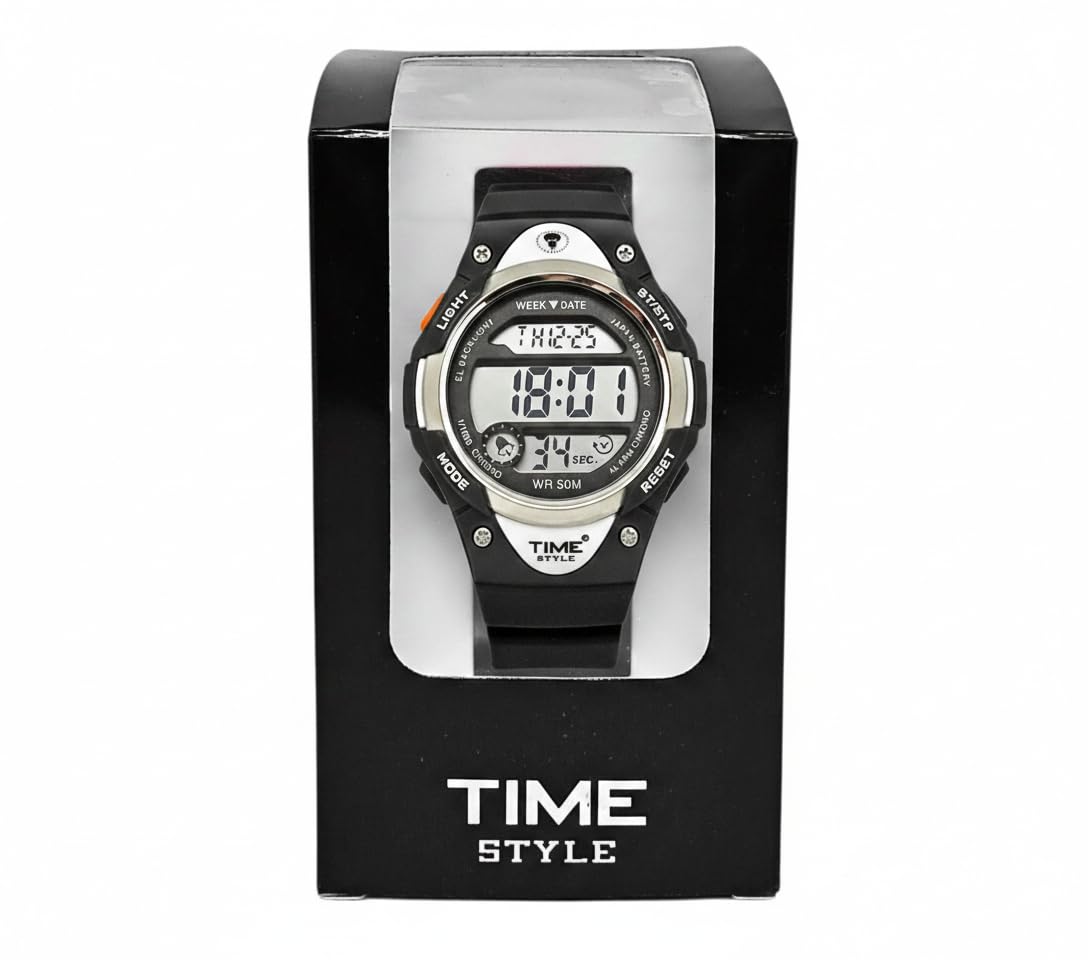 Time Style Black Digital Watch for Adults and Children Ages 5+ Quartz Medium Size Watch - Multi Function - 5ATM Water Resistant - EL Backlight - Steel Caseback - PU Strap - British Brand