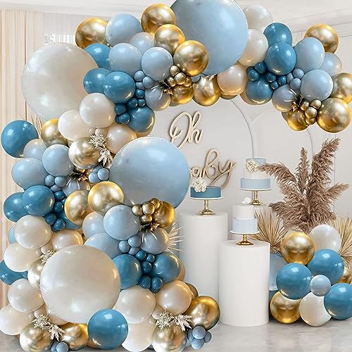 Dusty Blue Balloons Garland Kit, Fog Blue Royal Blue Pastel Blue Sand White Metallic Gold latex Balloons for Bridal Shower Wedding Anniversary Birthday Party Decorations Supplies