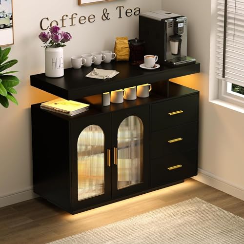 Dystler Sideboard Buffet Cabinet with Storage, 3 Drawers & 2 Doors, Auto-Sensor 20 Color Lights Console Table with Charging Station,Touch Control Console Coffee Bar Table for Kitchen, Dinning- White